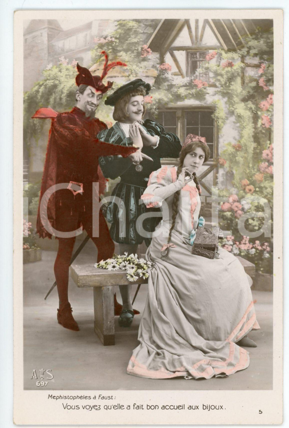 1909 OPERA "Faust" - Méphistophèles: "Elle a fait bon accueil aux bijoux" Cartolina postale d'epoca, viaggiata. FAIR/discreto lievi piegature Formato: 9x14 cm originale e autentica 1