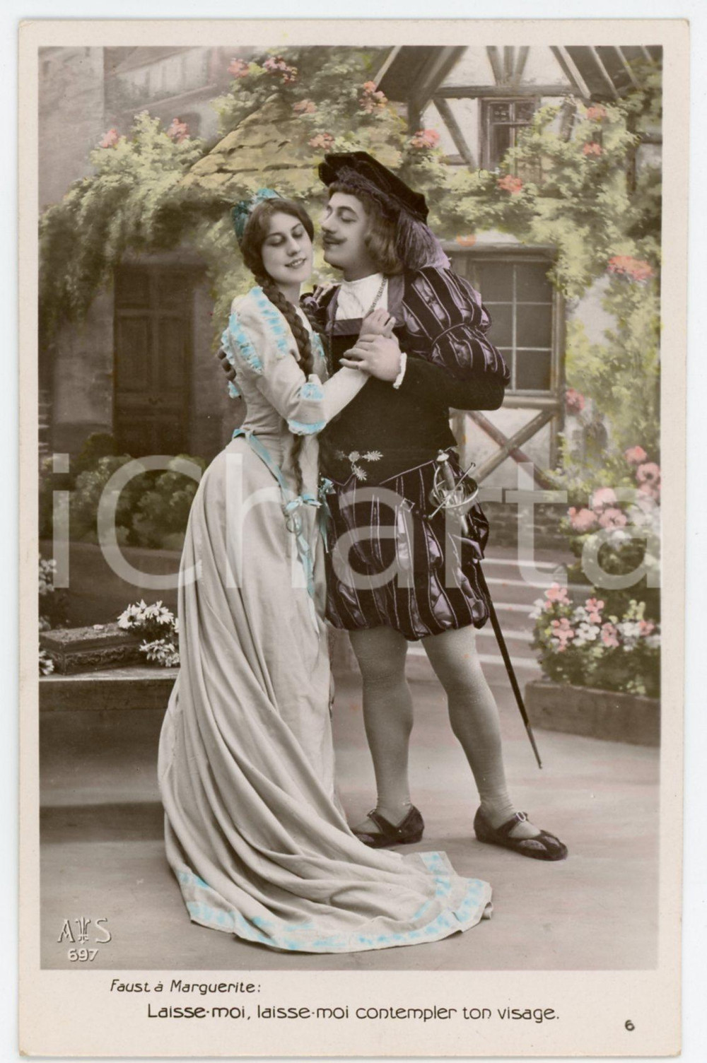 1909 OPERA "Faust" - Faust a Marguerite: "Laisse-moi contempler ton visage" Cartolina postale d'epoca, viaggiata. FAIR/discreto piegatura al lato superiore Formato: 9x14 cm originale e autentica 1