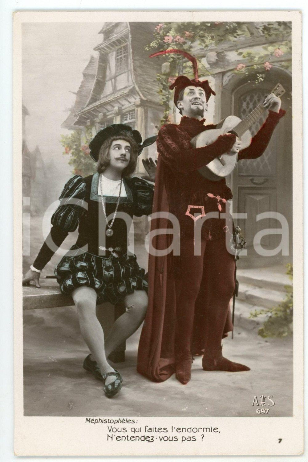 1909 OPERA "Faust" - Méphistophèles: "Vous qui faites l'endormie" - Postcard Cartolina postale d'epoca, viaggiata. FAIR/discreto lievi piegature; millimetrico strappo al lato superiore Formato: 9x14 cm originale e autentica 1