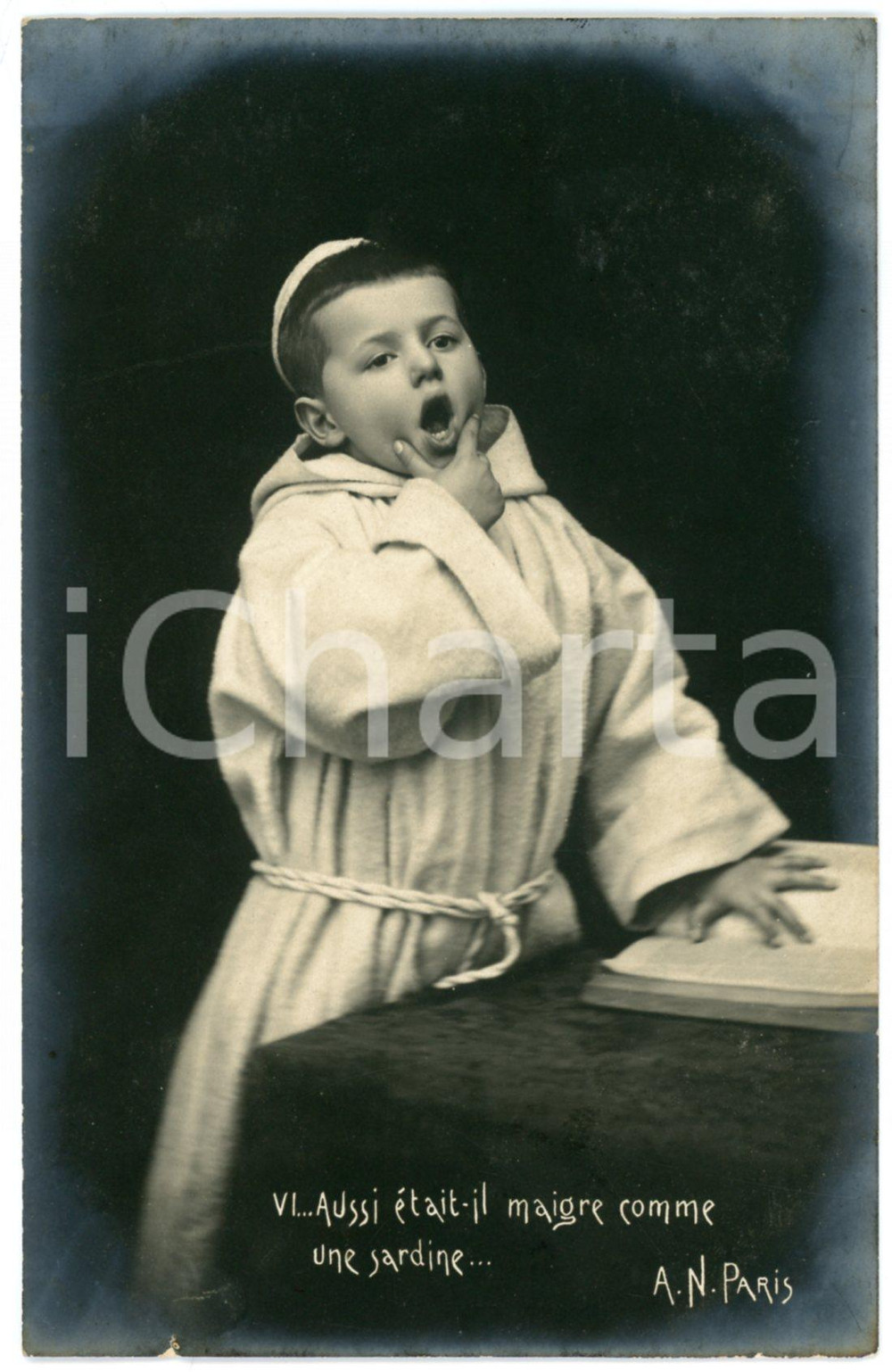 1902 CHILDREN Aussi était-il maigre comme une sardine -Friar child *Postcard n°6  Cartolina postale d'epoca, viaggiata.CONDIZIONI: F (piccolo strappo al lato inferiore)FORMATO: FP    originale e autentica 1