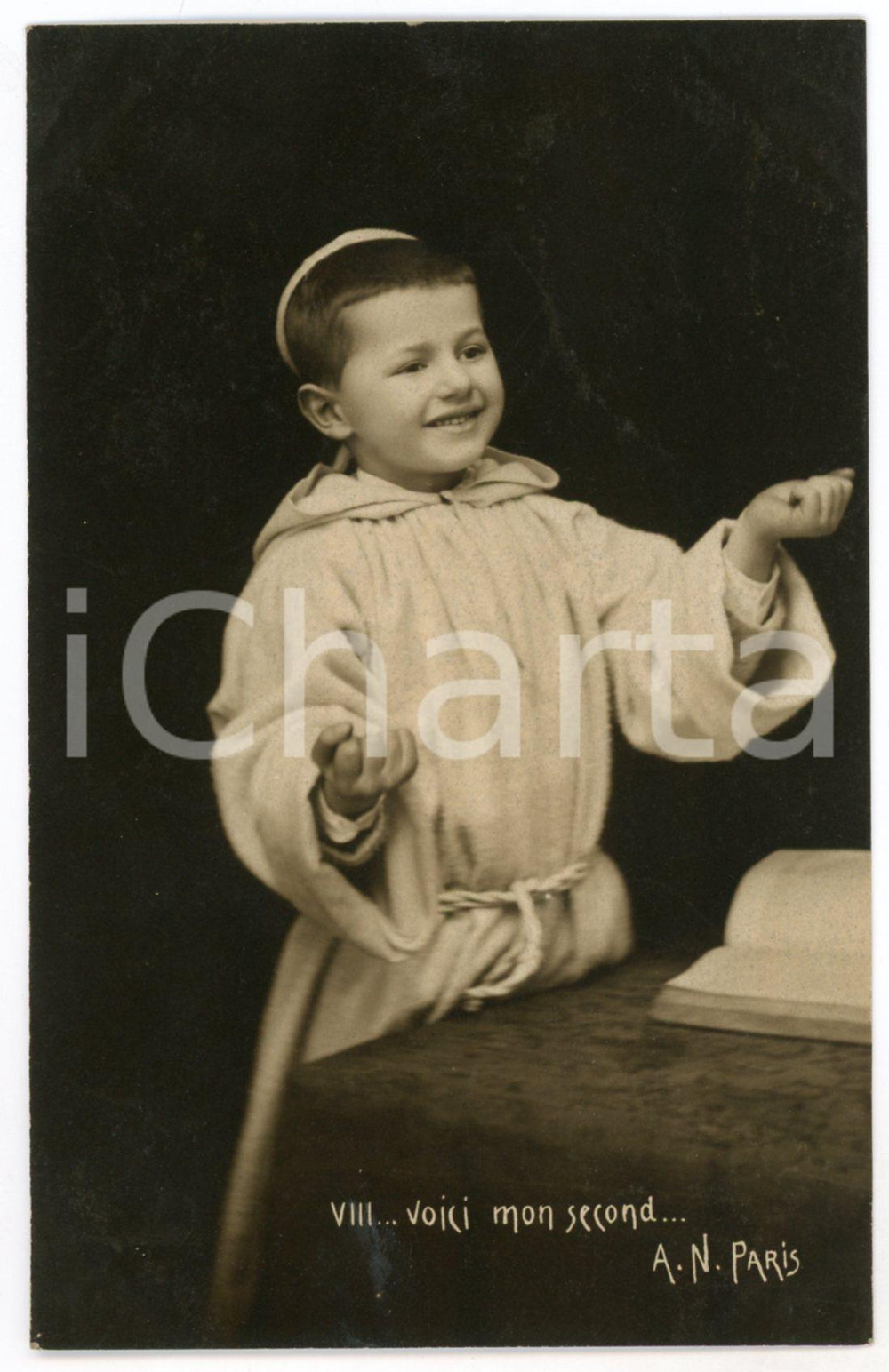 1902 CHILDREN - Voici mon second - Friar child - Vintage postcard n°8  Cartolina postale d'epoca, viaggiata.CONDIZIONI: F (residui cartacei al verso)FORMATO: FP    originale e autentica 1