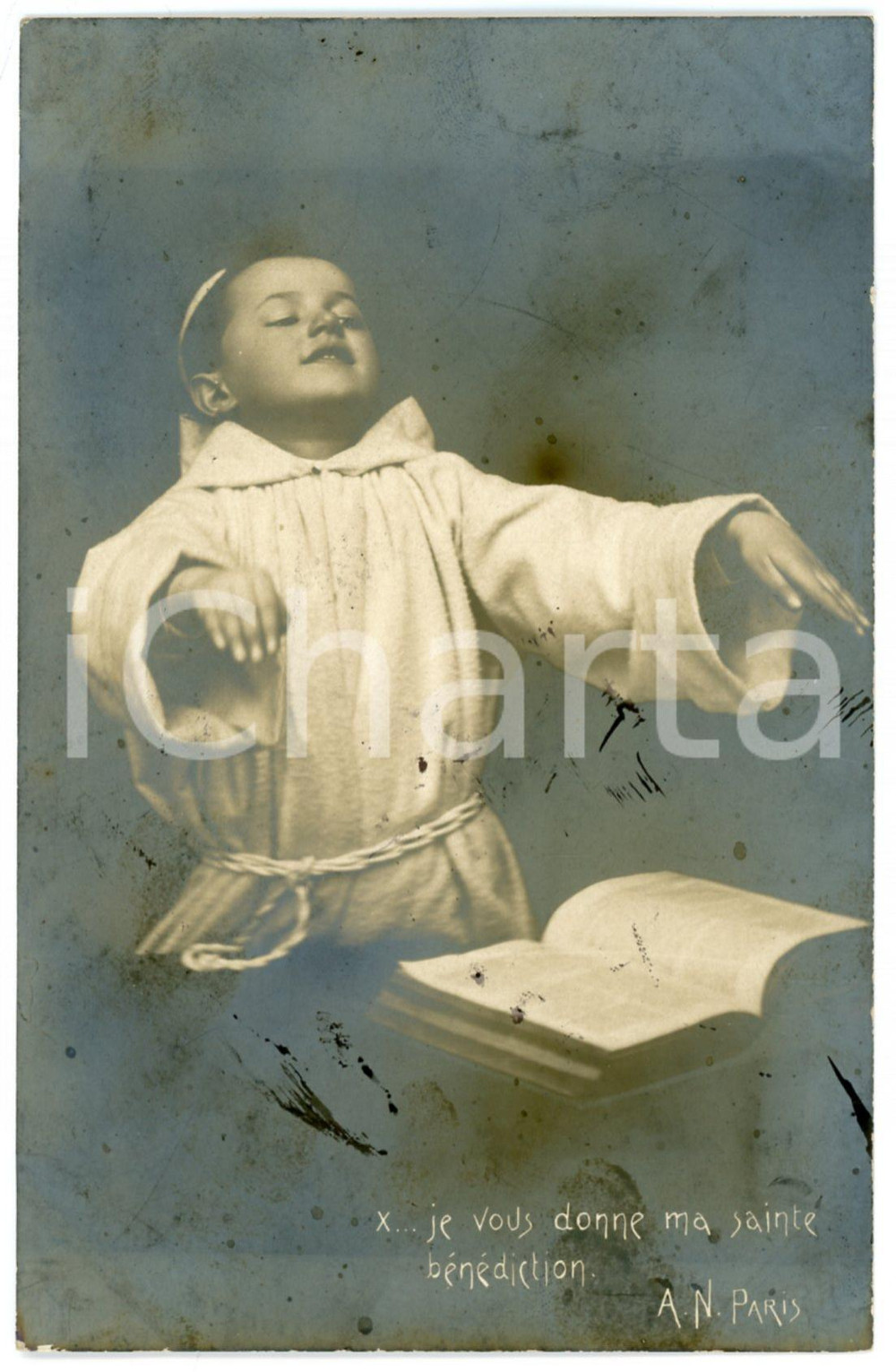 Cartolina originale da collezione 1902 CHILDREN  Je vous donne ma sainte bÃ©nÃ©diction  Friar child Postcard nÂ°10 1