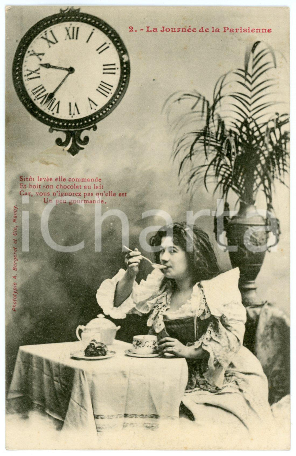 1903 FRANCE La journée de la Parisienne - Elle boit son chocolat *Postcard n° 2  Cartolina postale d'epoca, viaggiata. GOOD/buono ma francobollo parzialmente asportato Formato: 9x14 cm originale e autentica 1