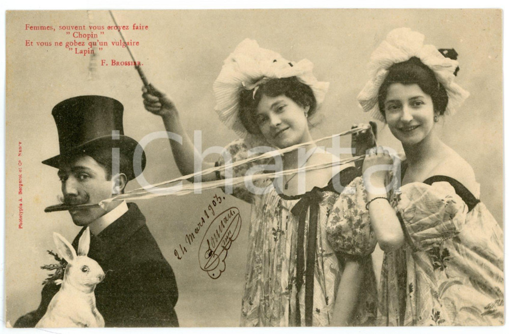 1903 FRANCE HUMOUR Femmes, vous ne gobez qu'un vulgaire Lapin *Postcard  Cartolina postale d'epoca, viaggiata.EDITORE: A. Bergeret - Nancy GOOD/buono  Formato: 14x9 cm originale e autentica 1