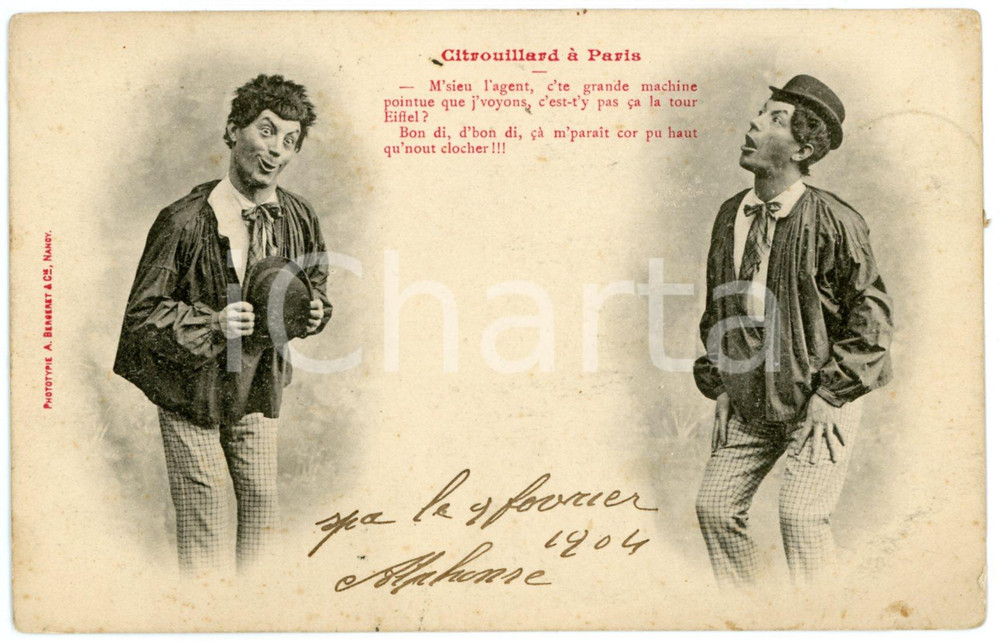 1904 FRANCE - HUMOUR - Citrouillard à Paris - Tour Eiffel *Postcard A. BERGERET  Cartolina postale d'epoca, viaggiata.EDITORE: A. Bergeret - Nancy POOR/danneggiato piegature angolari; piccola impressione di inchiostro al verso; fioriture Formato: 14x9 cm originale e autentica 1