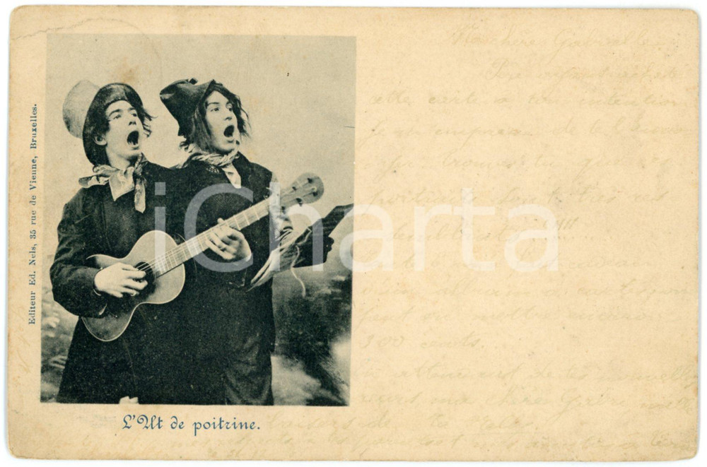 1900 ca BELGIQUE - L'Ut de poitrine- Postcard vaudeville *Ed. Nels Cartolina postale d'epoca, viaggiata. POOR/danneggiato piegatura al lato superiore; scrittura sbiadita; francobollo asportato Formato: 14x9 cm originale e autentica 1
