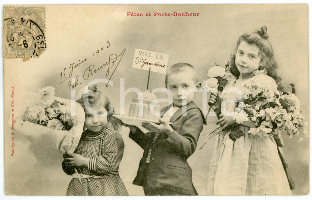 1903 FRANCE - ENFANTS - Fêtes et porte-bonheur *Postcard A. BERGERET  Cartolina postale d'epoca, viaggiata.EDITORE: A. Bergeret - Nancy GOOD/buono piccola impressione di inchiostro al verso; minime smussature angolari Formato: 14x9 cm originale e autentica 1