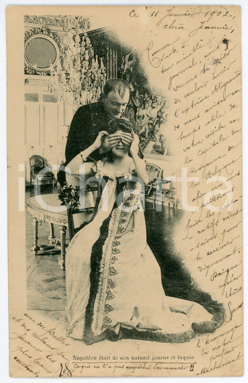 1902 FRANCE HUMOUR Napoléon et les femmes - Joueur et taquin - Carte postale  Cartolina postale d'epoca, viaggiata. GOOD/buono ma francobollo asportato Formato: 9x14 cm originale e autentica 1