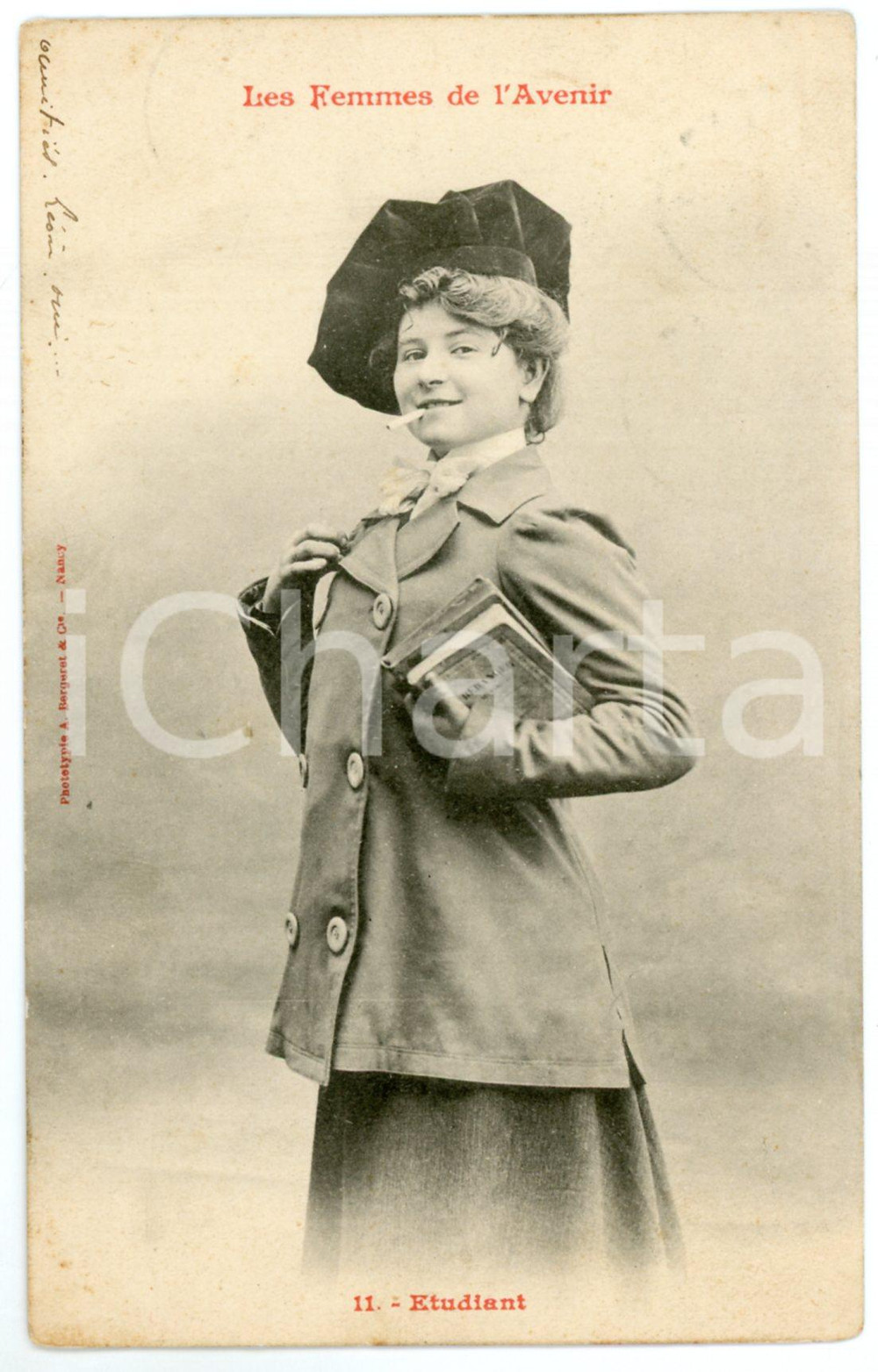 1903 FRANCE HUMOUR Les femmes de l'avenir - Etudiant - Postcard n° 11  Cartolina postale d'epoca, viaggiata.Si tratta di una serie che immaginava le donne del futuro nei mestieri che, all'epoca, erano riservati agli uomini.EDITORE: A. Bergeret - Nancy GOOD/buono  Formato: 9x14 cm originale e autentica 1