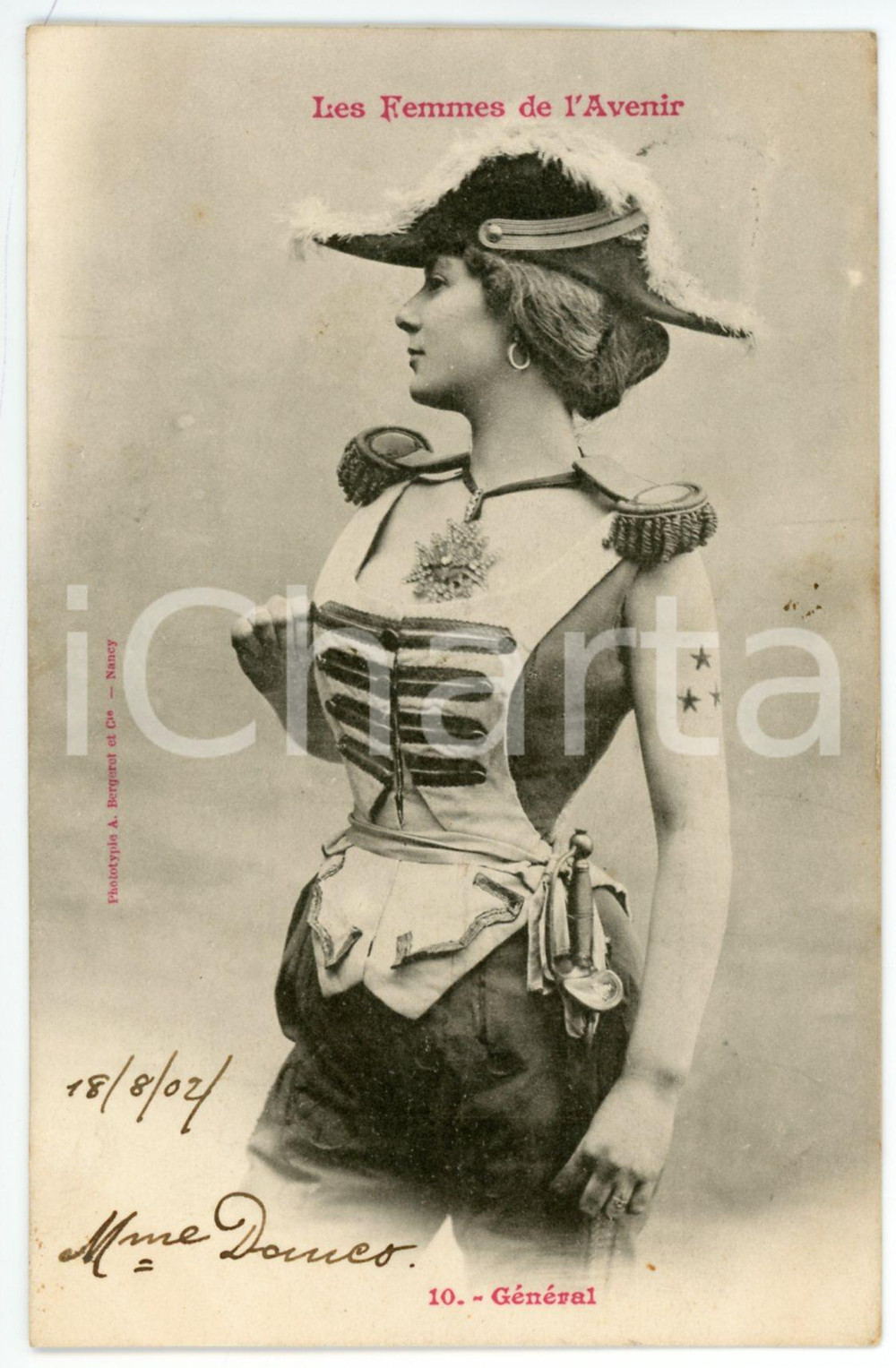 1902 FRANCE HUMOUR Les femmes de l'avenir - Général - Postcard n° 10  Cartolina postale d'epoca, viaggiata.Si tratta di una serie che immaginava le donne del futuro nei mestieri che, all'epoca, erano riservati agli uomini.EDITORE: A. Bergeret - Nancy GOOD/buono lievi macchie al verso Formato: 9x14 cm originale e autentica 1