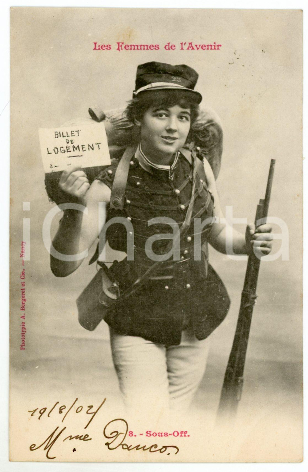 1902 FRANCE HUMOUR Les femmes de l'avenir - Sous-officier - Postcard n° 8  Cartolina postale d'epoca, viaggiata.Si tratta di una serie che immaginava le donne del futuro nei mestieri che, all'epoca, erano riservati agli uomini.EDITORE: A. Bergeret - Nancy GOOD/buono  Formato: 9x14 cm originale e autentica 1