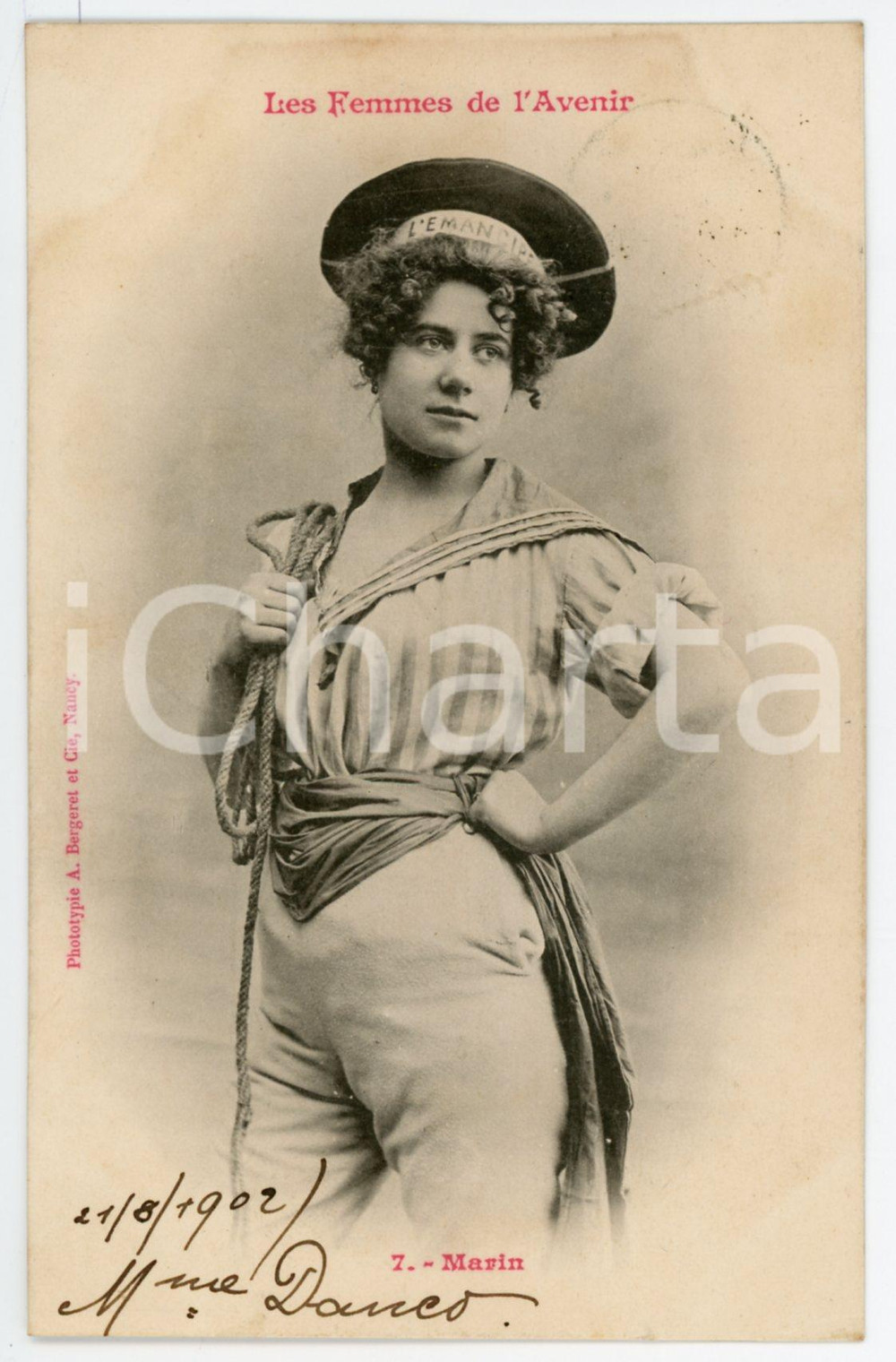 1902 FRANCE HUMOUR Les femmes de l'avenir - Marin - Postcard n° 7  Cartolina postale d'epoca, viaggiata.Si tratta di una serie che immaginava le donne del futuro nei mestieri che, all'epoca, erano riservati agli uomini.EDITORE: A. Bergeret - Nancy FAIR/discreto lievi macchie Formato: 9x14 cm originale e autentica 1