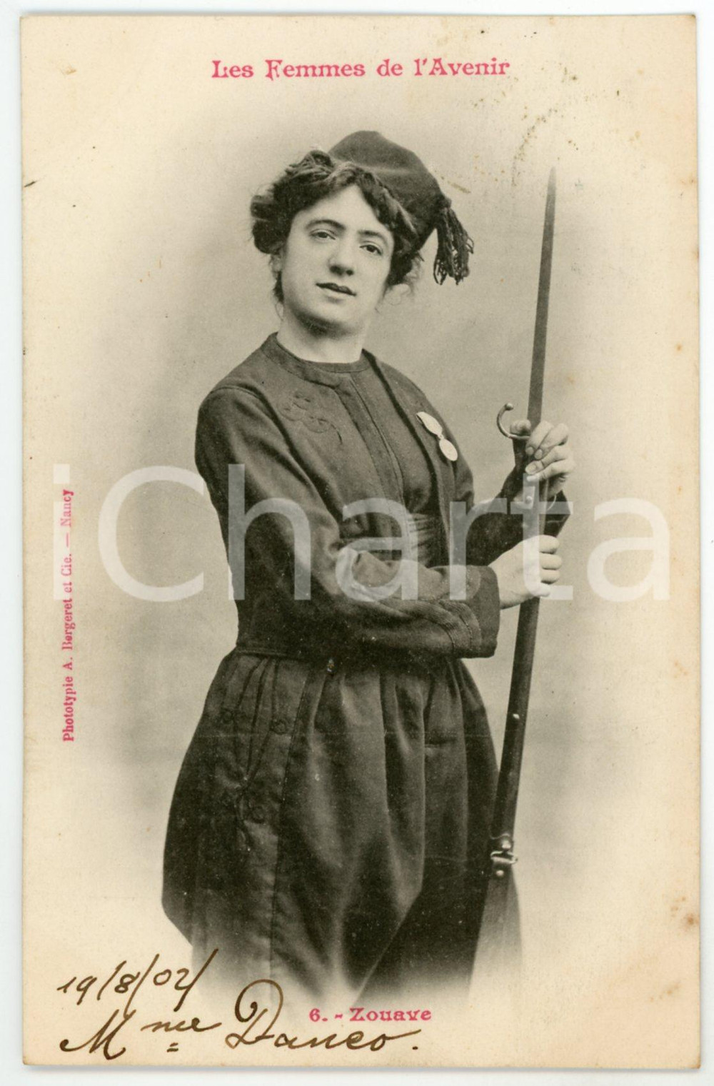 1902 FRANCE HUMOUR Les femmes de l'avenir - Zouave - Postcard n° 6  Cartolina postale d'epoca, viaggiata.Si tratta di una serie che immaginava le donne del futuro nei mestieri che, all'epoca, erano riservati agli uomini.EDITORE: A. Bergeret - Nancy GOOD/buono minime fioriture Formato: 9x14 cm originale e autentica 1