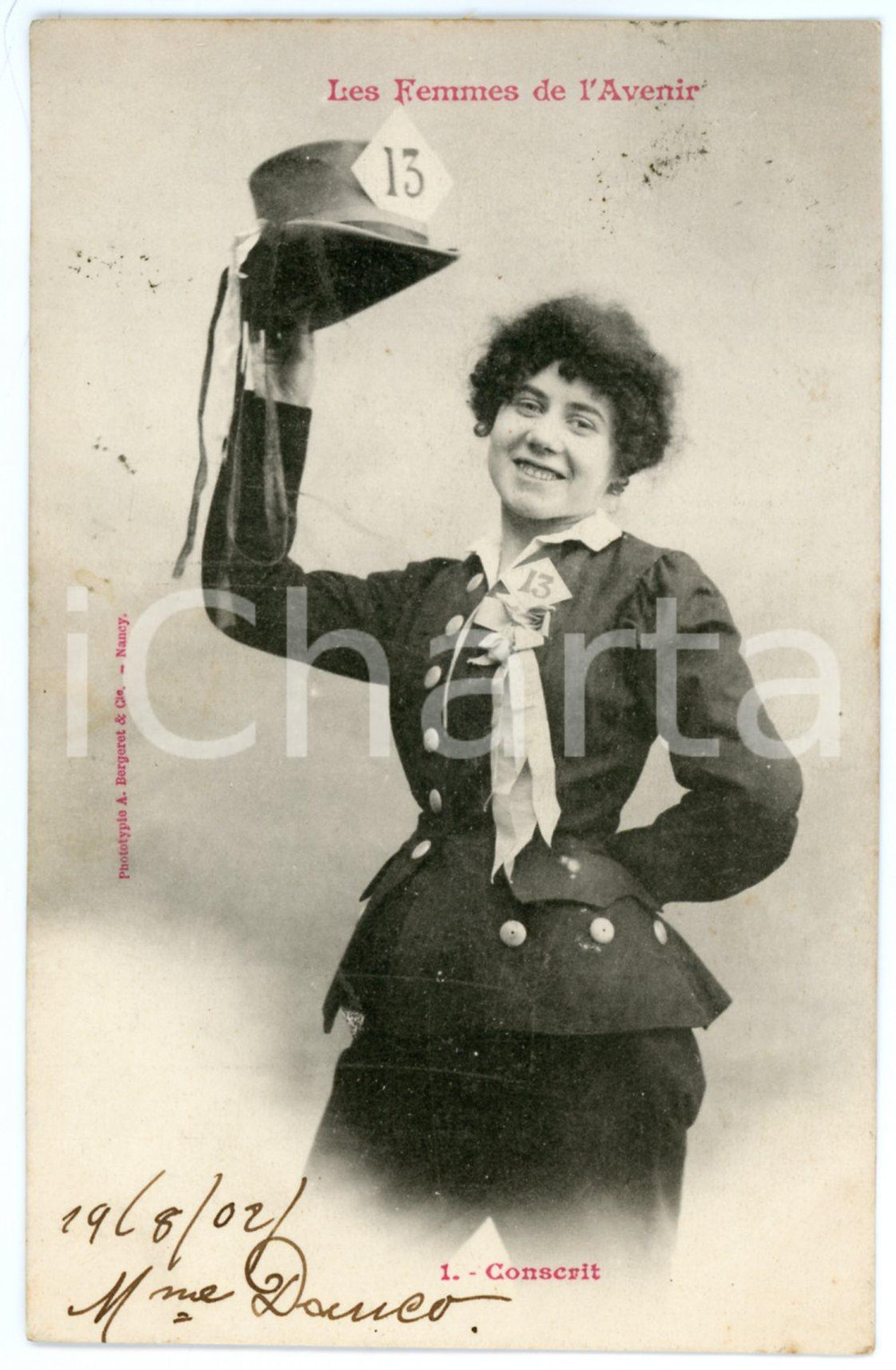 1902 FRANCE HUMOUR Les femmes de l'avenir - Conscrit - Postcard n° 1  Cartolina postale d'epoca, viaggiata.Si tratta di una serie che immaginava le donne del futuro nei mestieri che, all'epoca, erano riservati agli uomini.EDITORE: A. Bergeret - Nancy POOR/danneggiato piegatura angolare Formato: 9x14 cm originale e autentica 1