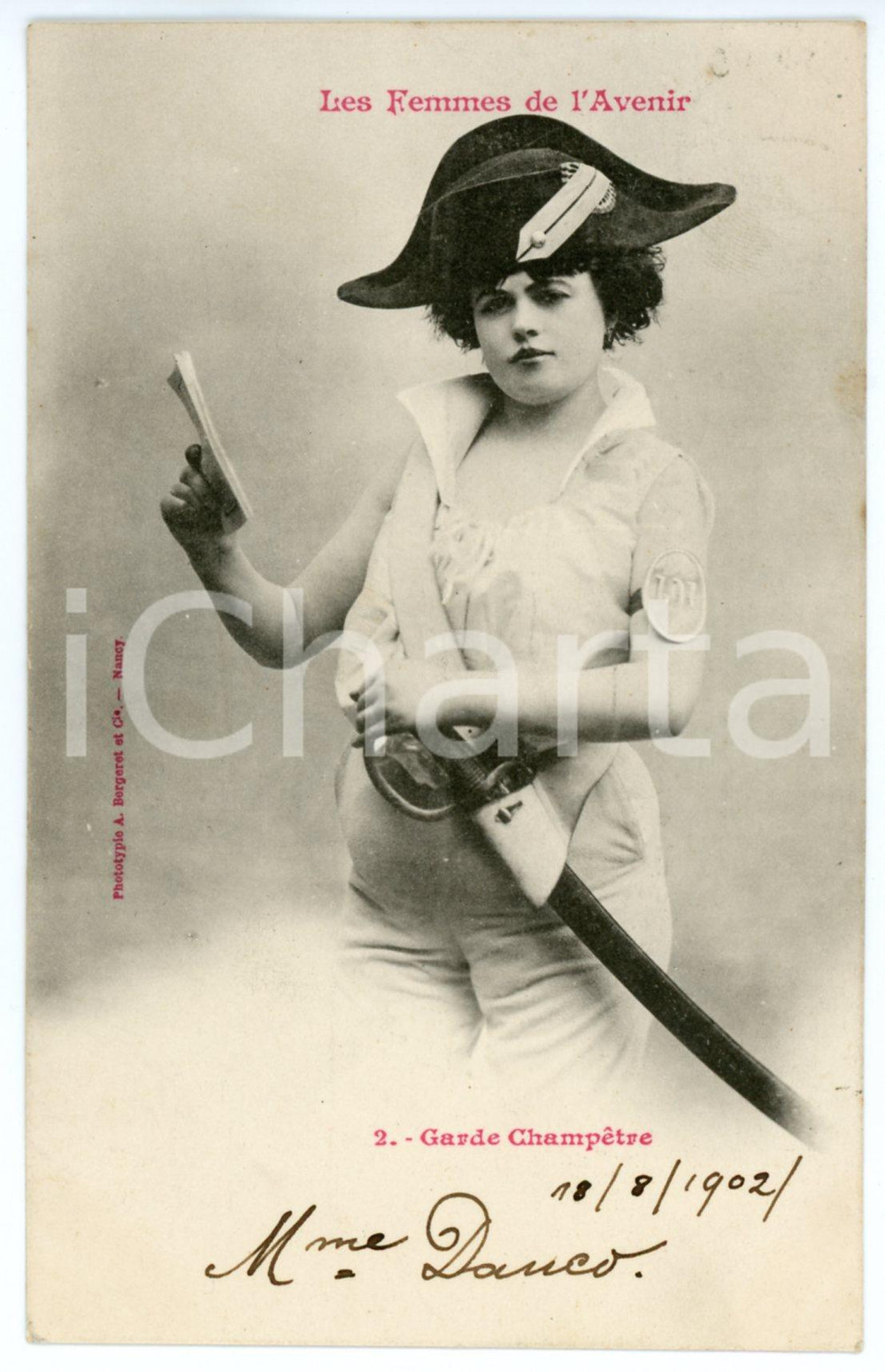 1902 FRANCE HUMOUR Les femmes de l'avenir - Garde champêtre - Postcard n° 2  Cartolina postale d'epoca, viaggiata.Si tratta di una serie che immaginava le donne del futuro nei mestieri che, all'epoca, erano riservati agli uomini.EDITORE: A. Bergeret - Nancy GOOD/buono  Formato: 9x14 cm originale e autentica 1
