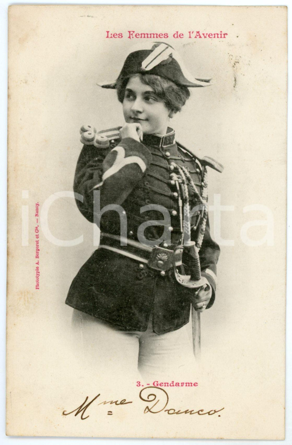 1902 FRANCE HUMOUR Les femmes de l'avenir - Gendarme - Postcard n° 3  Cartolina postale d'epoca, viaggiata.Si tratta di una serie che immaginava le donne del futuro nei mestieri che, all'epoca, erano riservati agli uomini.EDITORE: A. Bergeret - Nancy GOOD/buono  Formato: 9x14 cm originale e autentica 1