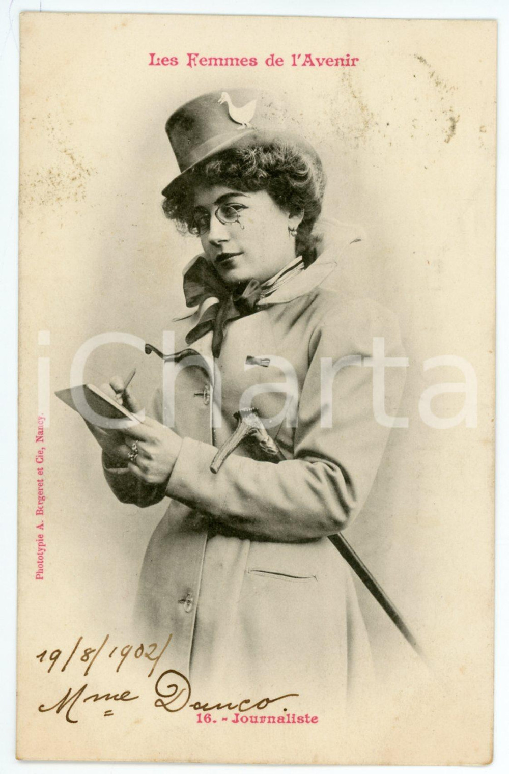 1902 FRANCE HUMOUR Les femmes de l'avenir - Journaliste - Postcard n° 16  Cartolina postale d'epoca, viaggiata.Si tratta di una serie che immaginava le donne del futuro nei mestieri che, all'epoca, erano riservati agli uomini.EDITORE: A. Bergeret - Nancy GOOD/buono  Formato: 9x14 cm originale e autentica 1