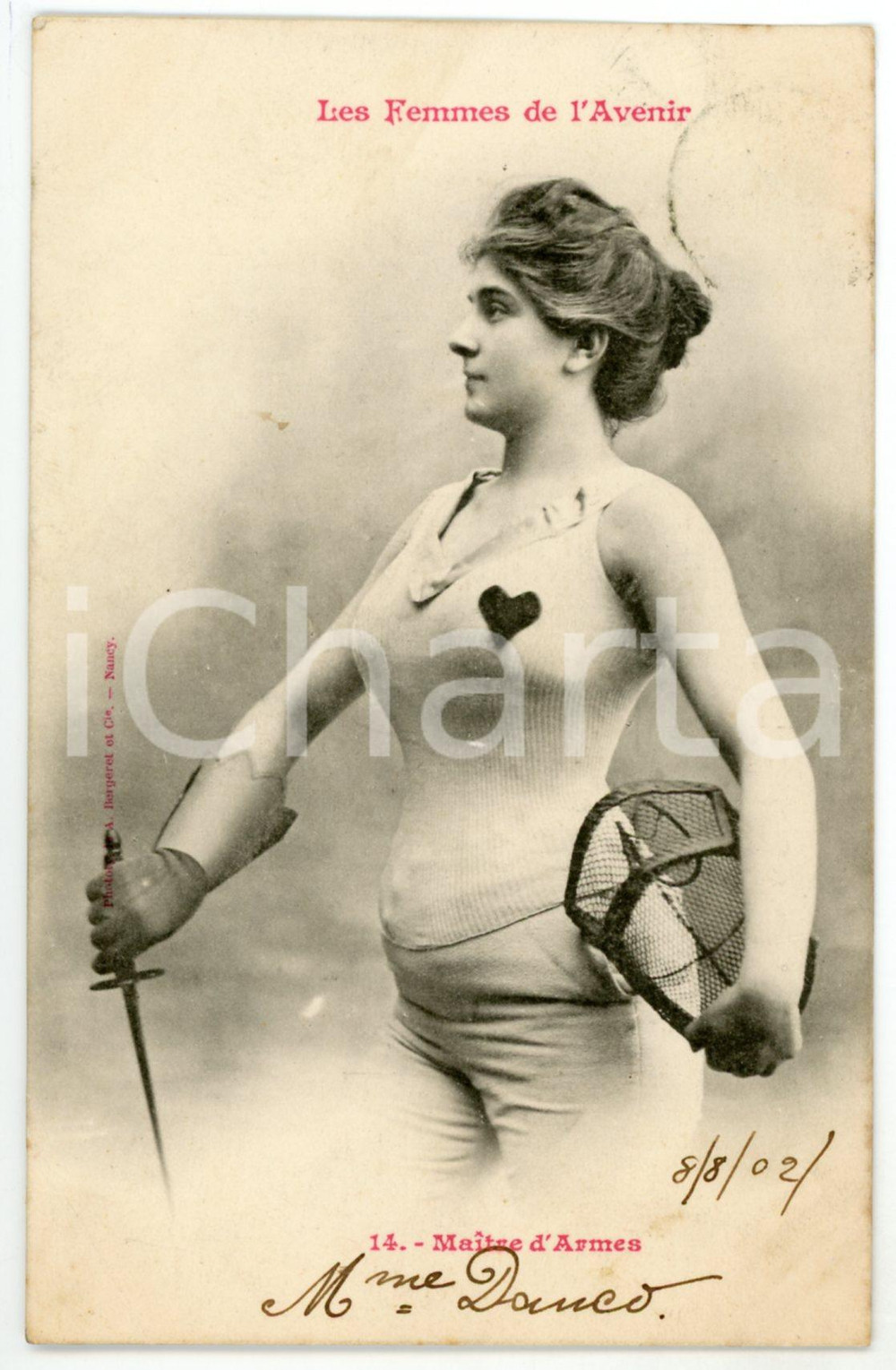 1902 FRANCE HUMOUR Les femmes de l'avenir - Maître d'armes - Postcard n° 14  Cartolina postale d'epoca, viaggiata.Si tratta di una serie che immaginava le donne del futuro nei mestieri che, all'epoca, erano riservati agli uomini.EDITORE: A. Bergeret - Nancy POOR/danneggiato piegatura angolare Formato: 9x14 cm originale e autentica 1
