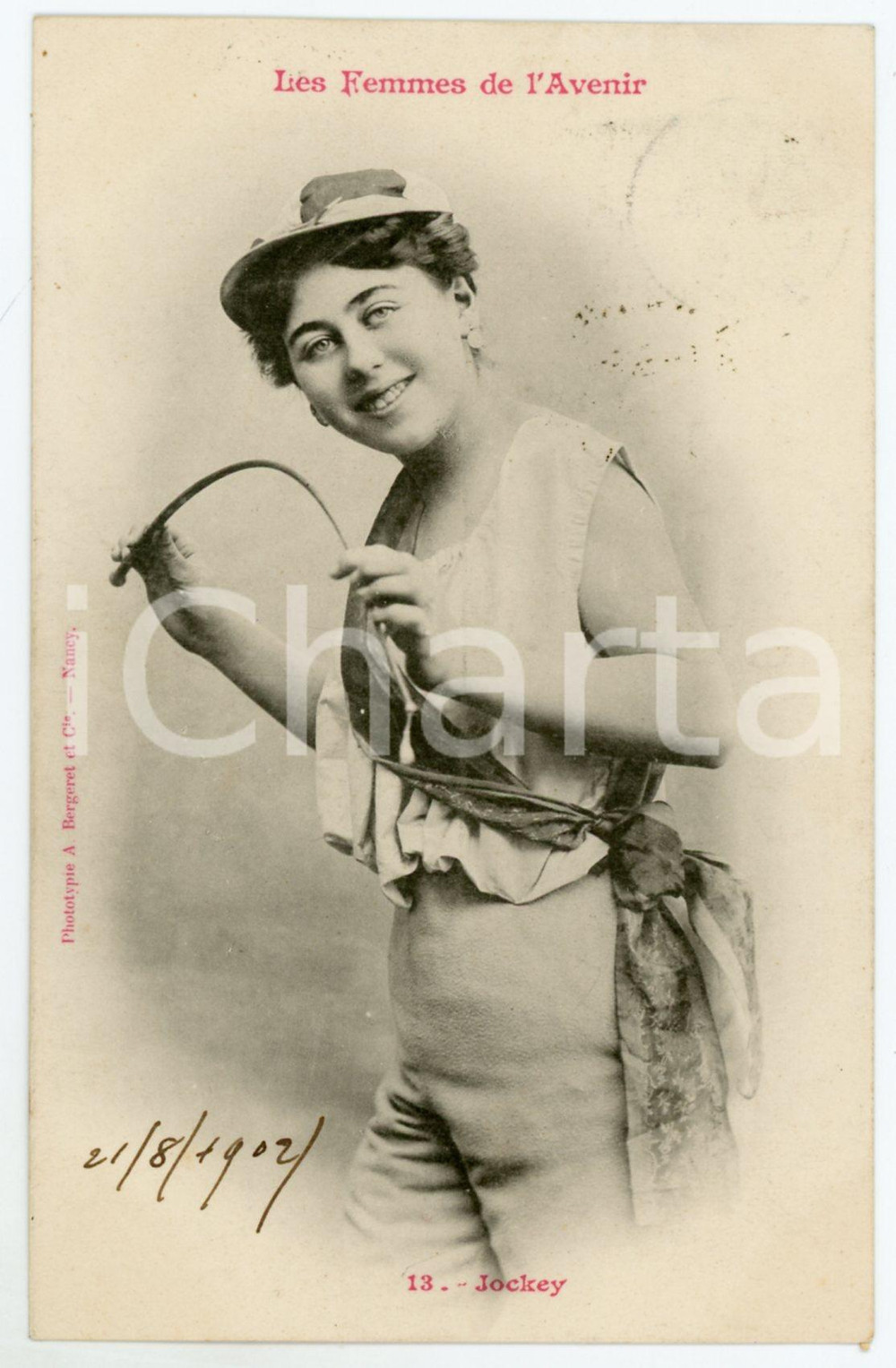 1902 FRANCE HUMOUR Les femmes de l'avenir - Jockey - Postcard n° 13  Cartolina postale d'epoca, viaggiata.Si tratta di una serie che immaginava le donne del futuro nei mestieri che, all'epoca, erano riservati agli uomini.EDITORE: A. Bergeret - Nancy GOOD/buono  Formato: 9x14 cm originale e autentica 1