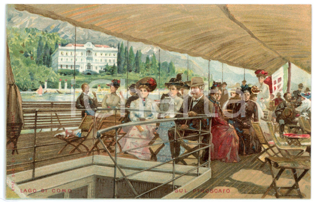 1900 ca LAGO DI COMO Escursionisti sul piroscafo  - Cartolina ILLUSTRATA FP NV  Cartolina postale d'epoca, non viaggiata.CONDIZIONI: GFORMATO: FPEDITORE: Societ&agrave; di Navigazione Italiana    originale e autentica 1