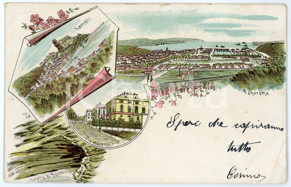 1900 LA SPEZIA - Vedutine LERICI - Grotta di Byron - Via Mazzini *Cartolina  Cartolina postale d'epoca, viaggiata.CONDIZIONI: FAIR (piegatura angolare; minima sbrecciatura al lato superiore)FORMATO: FP    originale e autentica 1