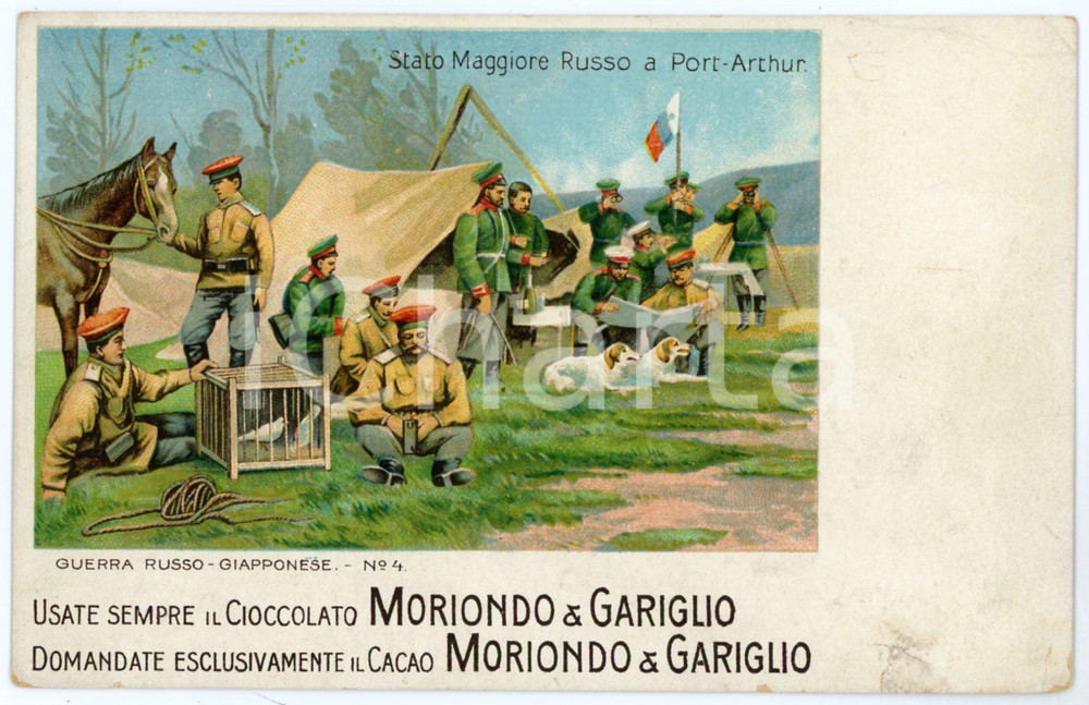 1910 ca Stato Maggiore Russo a PORT ARTHUR *Cartolina cacao MORIONDO & GARIGLIO  Cartolina postale d'epoca, scritta ma non viaggiata.Pubblicitaria, illustrata con una serie legata alla guerra russo-giapponese.CONDIZIONI: FAIR (fioriture al verso; lievi piegature; minima sbrecciatura al margine inferiore)FORMATO: FP    originale e autentica 1
