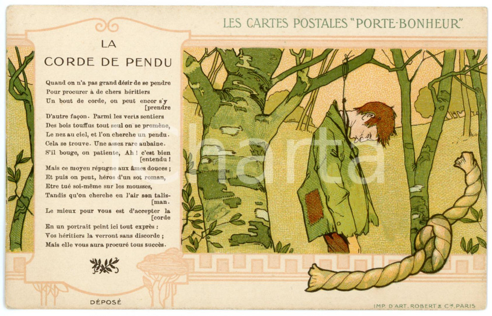 1910 ca LES CARTES POSTALES PORTE-BONHEUR La corde de pendu - Postcard  Cartolina postale d'epoca, non viaggiata.CONDIZIONI: GFORMATO: FP    originale e autentica 1