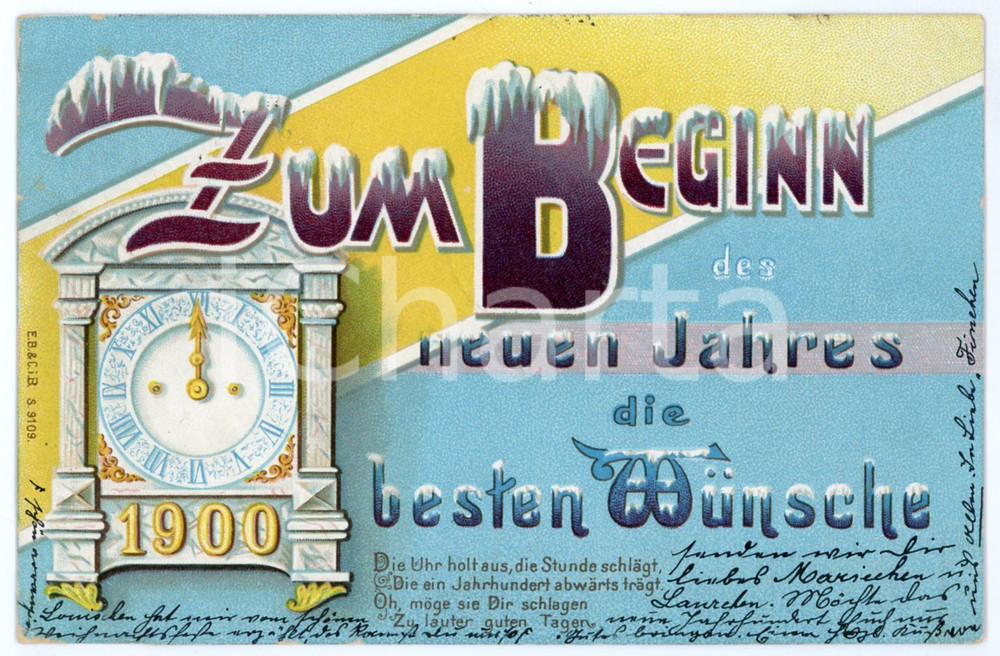 1900 NEUEN JAHRE Midnight clock - New Year's Eve - Vintage postcard  Cartolina postale d'epoca, viaggiata.CONDIZIONI: F (piegature all'angolo superiore e inferiore sinistro; minime abrasioni lungo i lati)FORMATO: FP    originale e autentica 1