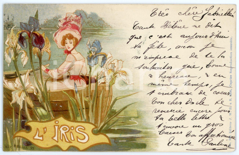 1900 Artist Jack ABEILLE L'iris - Woman on a boat ILLUSTRATED Postcard FP VG  Cartolina postale d'epoca, viaggiata.CONDIZIONI: GOODFORMATO: FP    originale e autentica 1