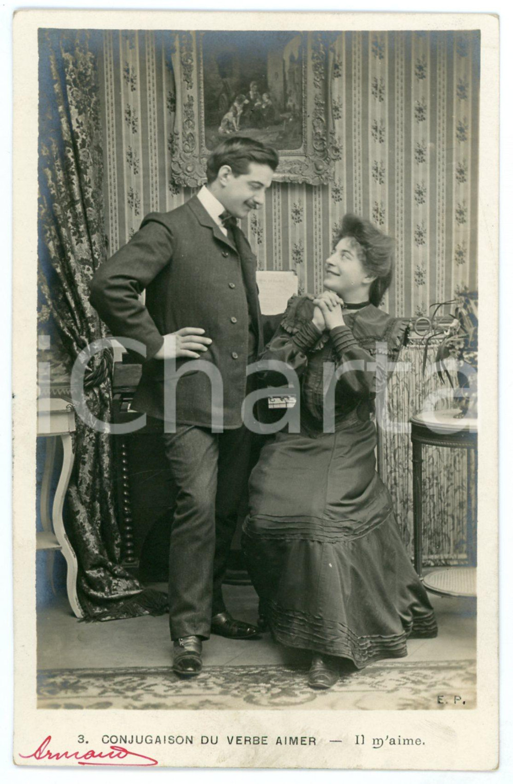 1903 ca CONJUGAISON DU VERB AIMER - Il m'aime - Couple - Vintage postcard n°3  Cartolina postale d'epoca, viaggiata.CONDIZIONI: GFORMATO: FP    originale e autentica 1