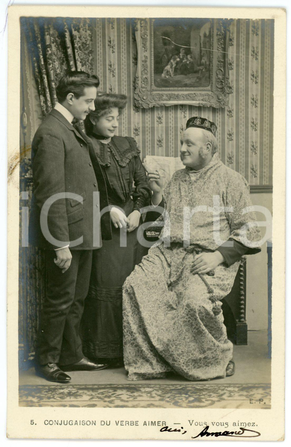 1903 CONJUGAISON DU VERB AIMER - Vous vous aimez - Couple *Vintage postcard n°5  Cartolina postale d'epoca, viaggiata.CONDIZIONI: P (piegatura all'angolo inferiore destro; macchia al recto)FORMATO: FP    originale e autentica 1