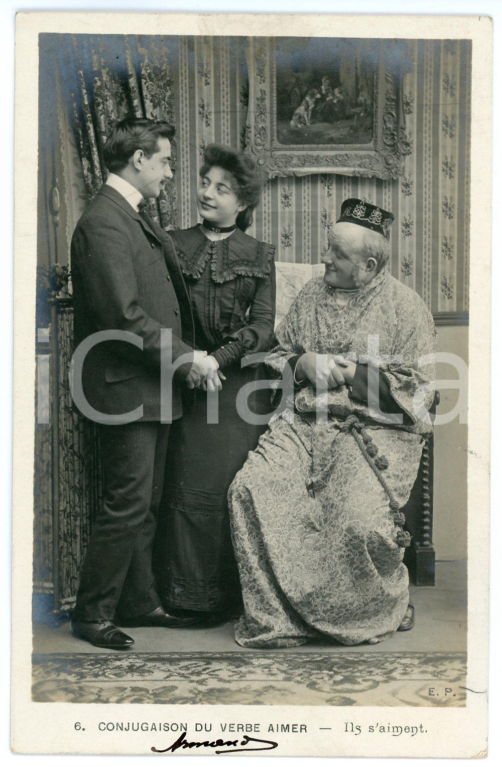 1903 CONJUGAISON DU VERB AIMER - Ils s'aiment - Couple - Vintage postcard n°6  Cartolina postale d'epoca, viaggiata.CONDIZIONI: G (minima sbrecciatura angolare)FORMATO: FP    originale e autentica 1