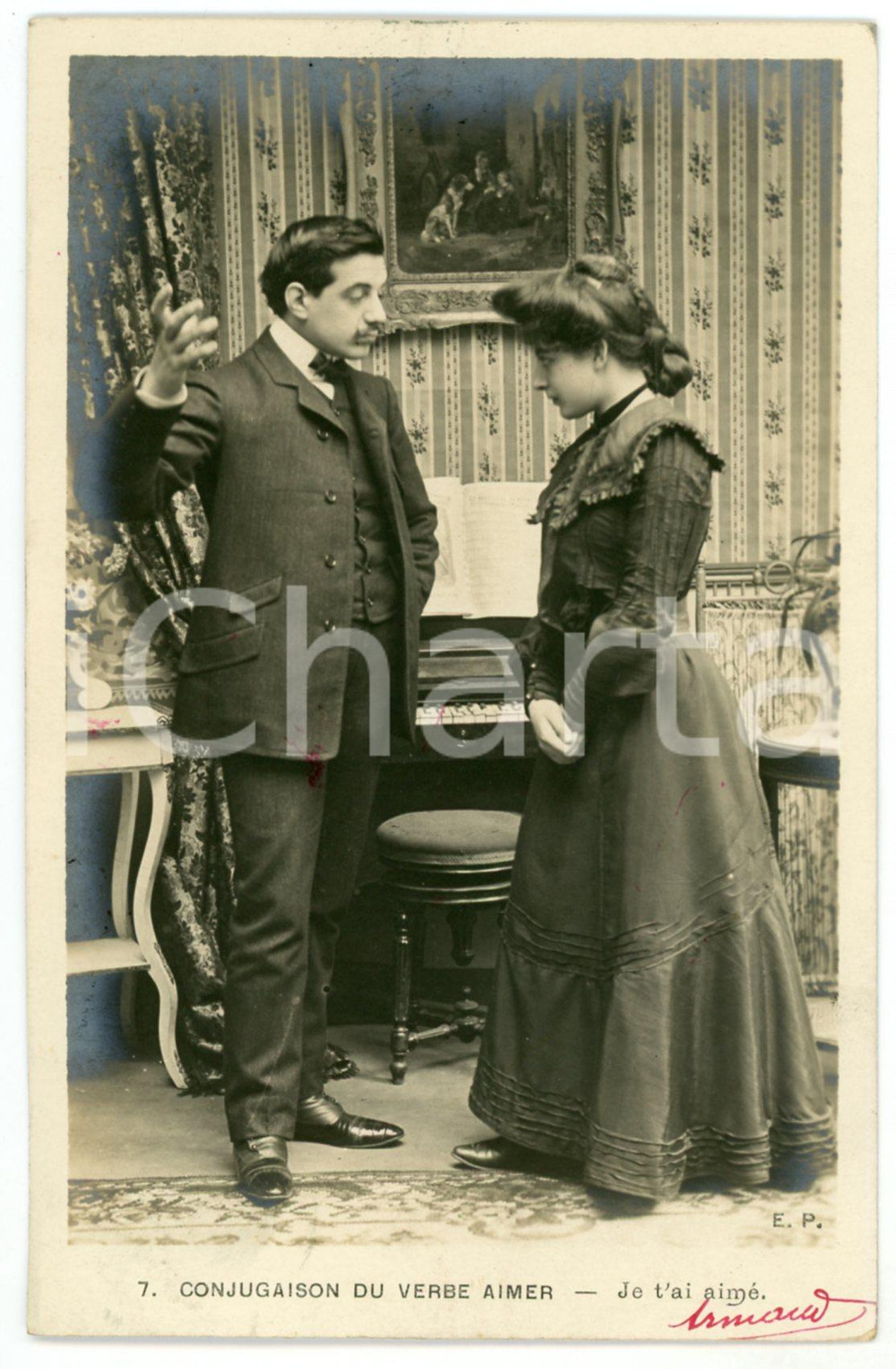 1902 CONJUGAISON DU VERB AIMER - Je t'ai aimé - Couple - Vintage postcard n°7  Cartolina postale d'epoca, viaggiata.CONDIZIONI: GFORMATO: FP    originale e autentica 1