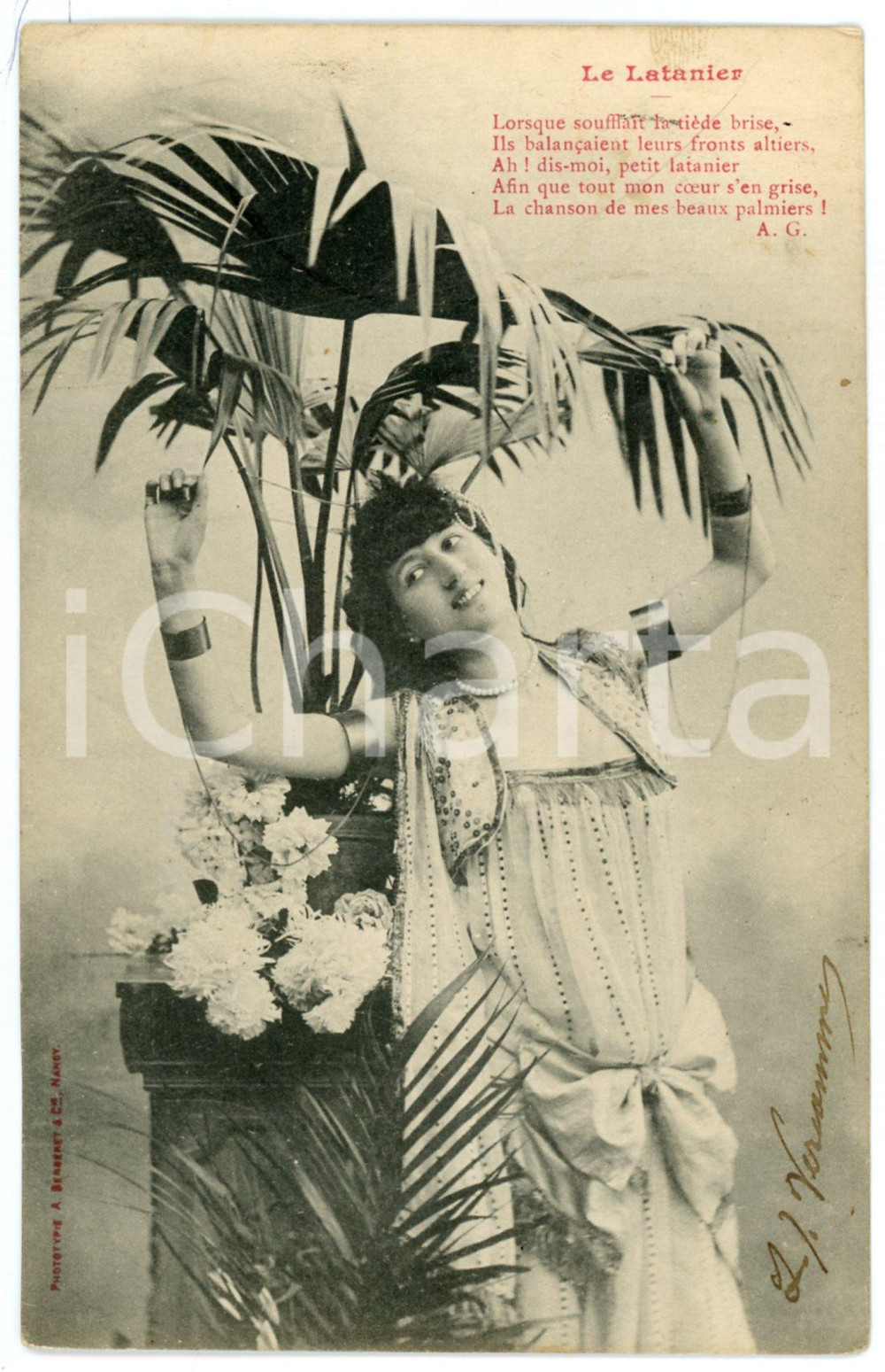 1904 Le Latanier (Gaboriaud) - Woman and plant - French vintage postcard  Cartolina postale d'epoca, viaggiata.CONDIZIONI: F (piegatura all'angolo superiore sinistro)FORMATO: FP    originale e autentica 1