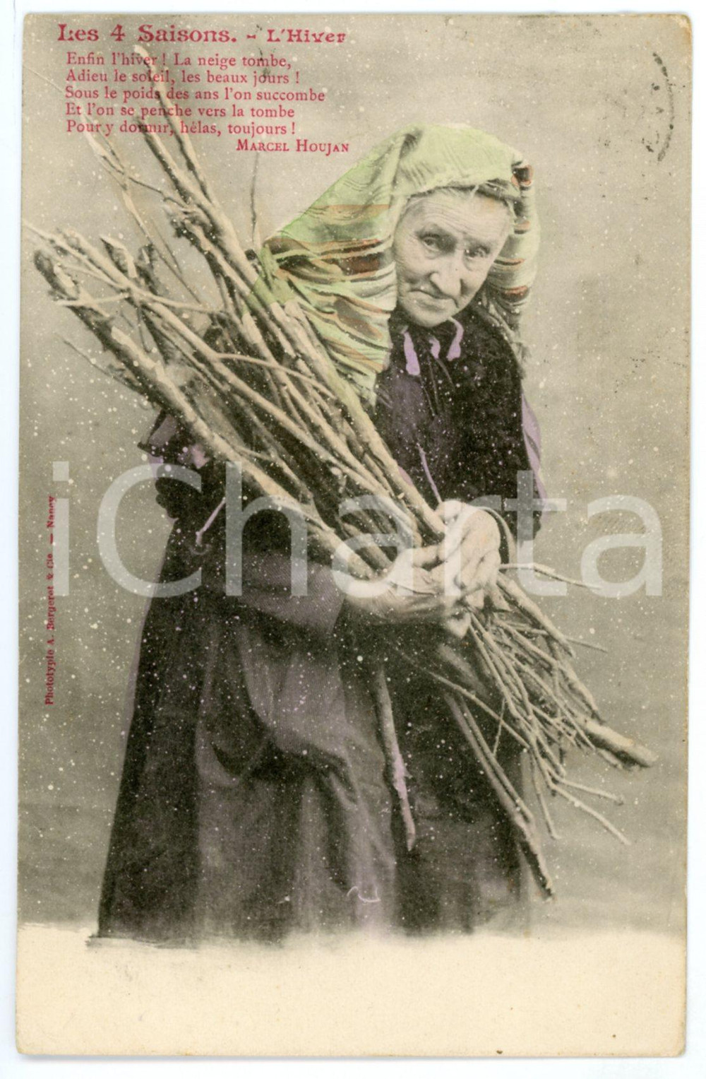 1902 Les 4 Saisons - L'Hiver (M. Houjan) - French chromo vintage postcard  Cartolina postale d'epoca, viaggiata.CONDIZIONI: GFORMATO: FP    originale e autentica 1