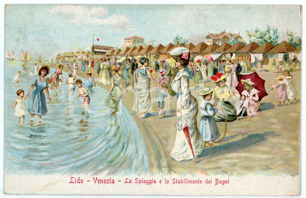 1909 LIDO DI VENEZIA Spiaggia e stabilimento dei bagni - Cartolina ILLUSTRATA FP  Cartolina postale d'epoca, viaggiata. FAIR/discreto Lievi smussature agli angoli, bruniture Formato: FP originale e autentica 1