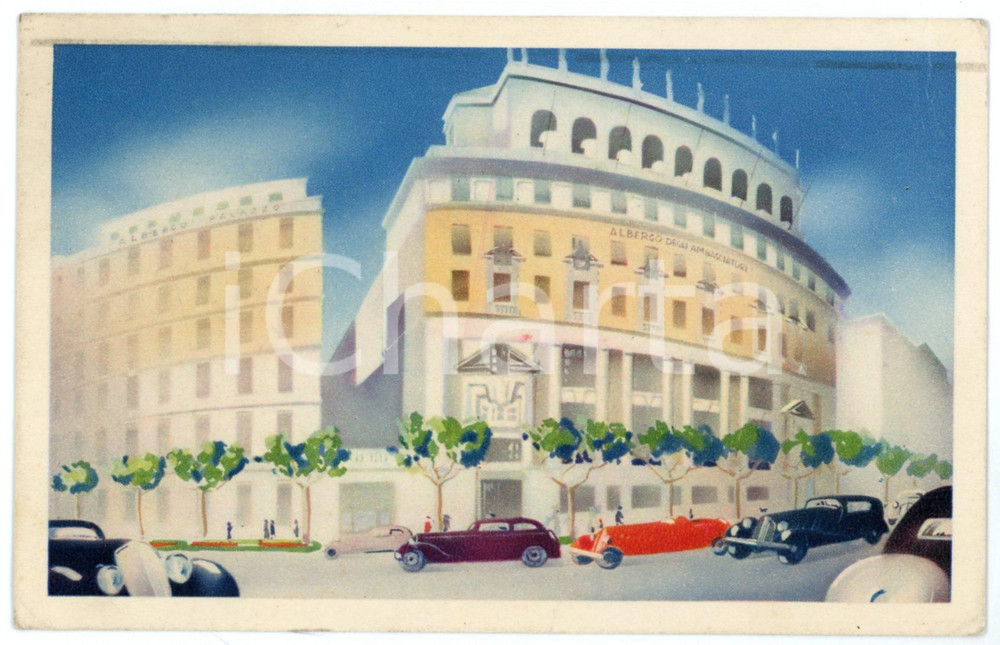 1936 ROMA Albergo Palazzo - Albergo degli Ambasciatori - Cartolina ILLUSTRATA FP  Cartolina postale d'epoca, viaggiata. FAIR/discreto Lievi smussature agli angoli Formato: FP originale e autentica 1