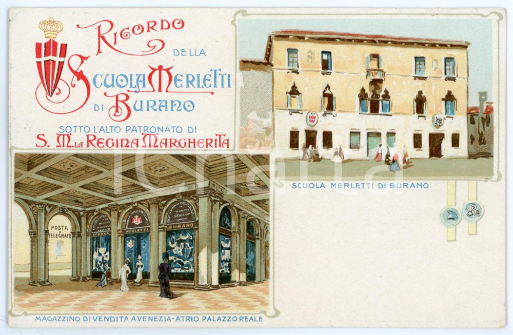 1920 ca BURANO Scuola di merletti - Magazzino di vendita - Cartolina ILLUSTRATA  Cartolina postale d'epoca, non viaggiata ma con nota manoscritta al verso.Al verso timbro della scuola.  FAIR/discreto Lievi smussature agli angoli Formato: FP originale e autentica 1