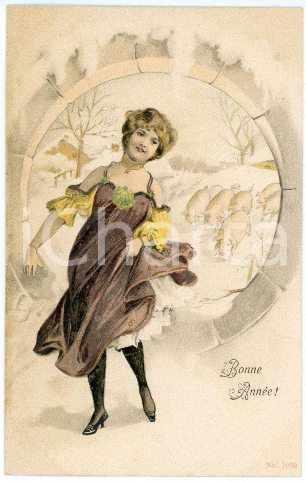 1900 ca BONNE ANNEE Woman with pigs - French vintage postcard  Cartolina postale d'epoca, non viaggiata.CONDIZIONI: G FORMATO: FP    originale e autentica 1