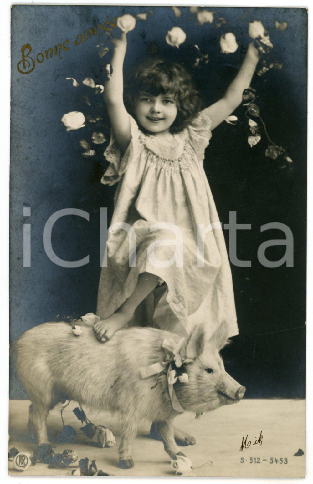 1910 ca BONNE ANNEE Child with pig - French vintage postcard  Cartolina postale d'epoca, viaggiata.CONDIZIONI: G FORMATO: FP    originale e autentica 1