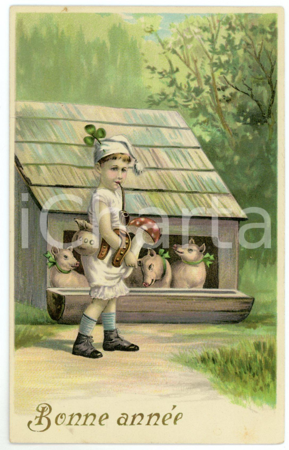 1910 ca BONNE ANNEE Child with pigs - GOOD LUCK sign - Vintage postcard  Cartolina postale d'epoca, non viaggiata.CONDIZIONI: G FORMATO: FP    originale e autentica 1