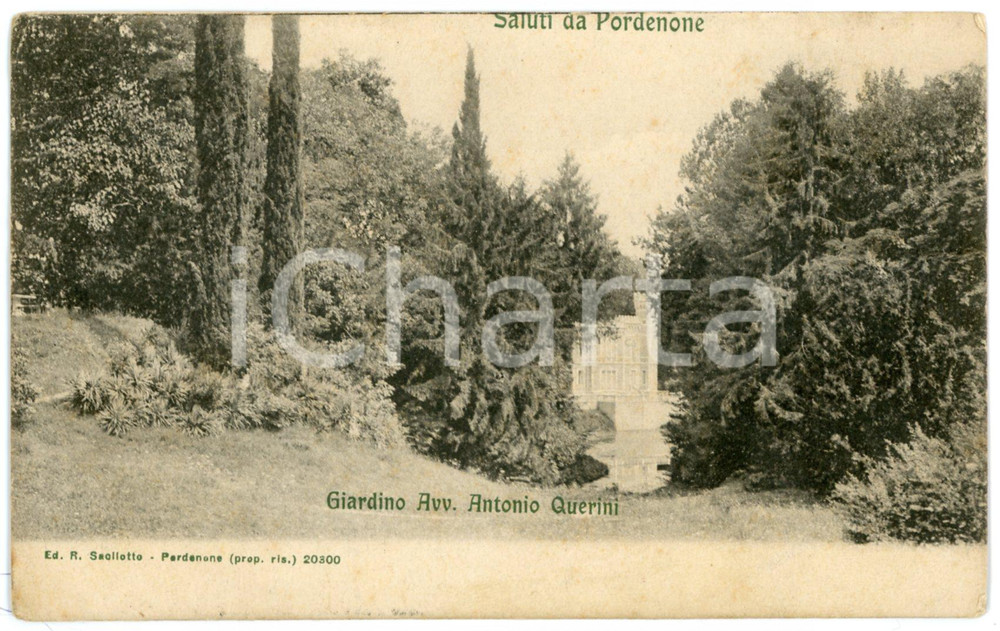1906 PORDENONE - Veduta del Giardino di Villa Querini - Cartolina vintage  Cartolina postale d'epoca, viaggiata (ma francobollo asportato).CONDIZIONI: F (lieve piegature e abrasioni angolari)FORMATO: FP    originale e autentica 1