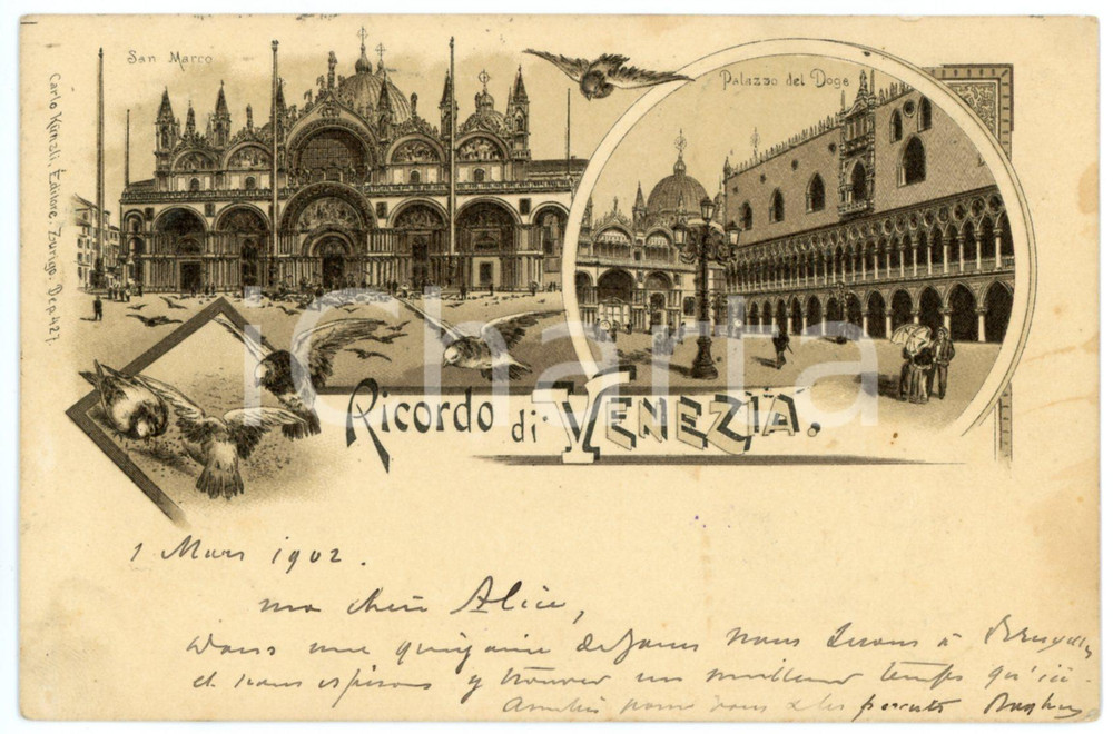 1902 VENEZIA Vedutine Piazza SAN MARCO e Palazzo del Doge - Cartolina ANIMATA  Cartolina postale d'epoca, viaggiata.CONDIZIONI: F (piccolo strappo e sbrecciatura al lato superiore; lieve piega all'angolo superiore destro; leggere macchie al recto)FORMATO: FP    originale e autentica 1