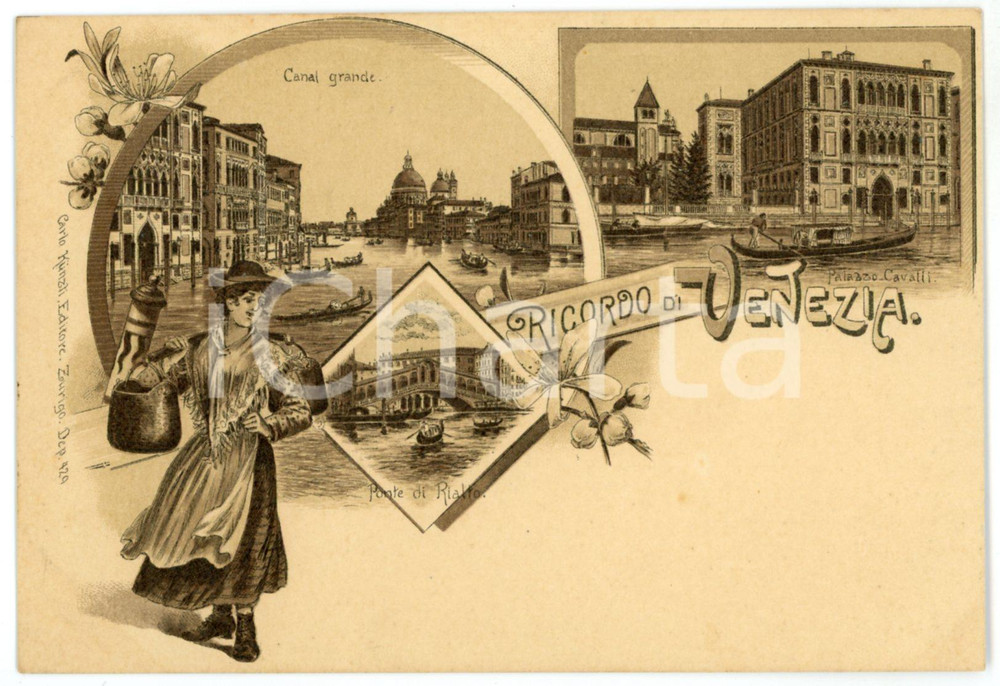 1900 ca VENEZIA Palazzo Cavalli - Portatrice d'acqua - Cartolina ILLUSTRATA FP  Cartolina postale d'epoca, non viaggiata.Al verso timbro "Lionello Ancona fu Angelo - Articoli impermeabili" FAIR/discreto Lievi smussature agli angoli Formato: FP originale e autentica 1