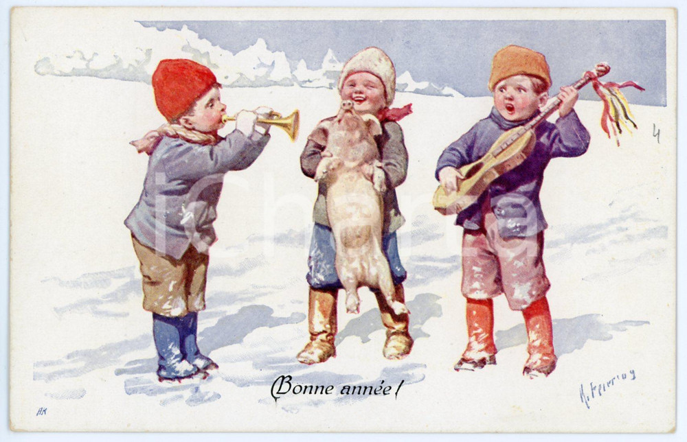 1910 ca BONNE ANNEE Children playing with a pig - Postcard ill. Karl FEIERTAG  Cartolina postale d'epoca, non viaggiata.CONDIZIONI: GFORMATO: FP    originale e autentica 1