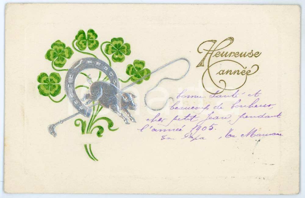 1904 BONNE ANNEE Horseshoe - Pig - GOOD LUCK SIGN - Old embossed postcard  Cartolina postale d'epoca, viaggiata.CONDIZIONI: POOR (piegature agli angoli)FORMATO: FP    originale e autentica 1