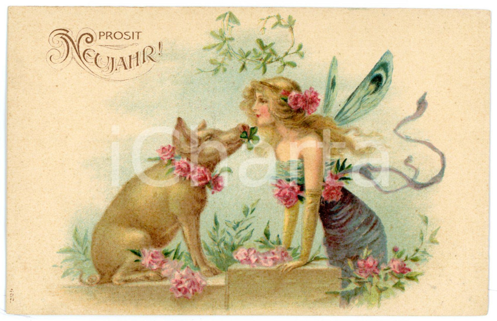 1910 ca PROSIT NEUJAHR Pig kissing a fairy - Vintage embossed postcard  Cartolina postale d'epoca, non viaggiata.CONDIZIONI: GFORMATO: FP    originale e autentica 1
