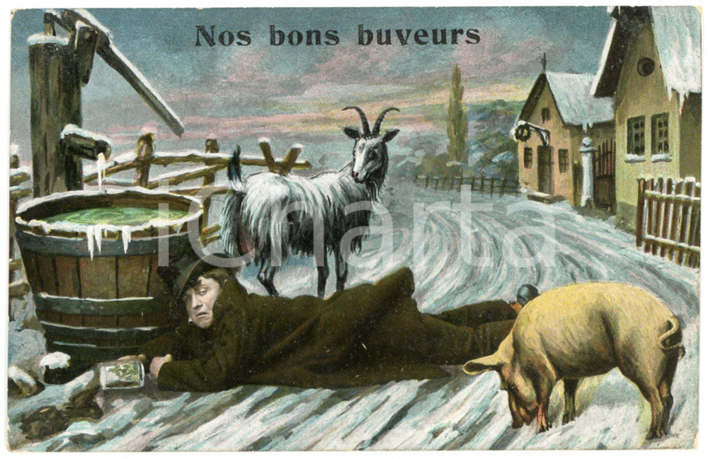 1911 Nos bons buveurs - Homme ivre et cochon - Carte postale vintage  Cartolina postale d'epoca, viaggiata.CONDIZIONI: G FORMATO: FP    originale e autentica 1