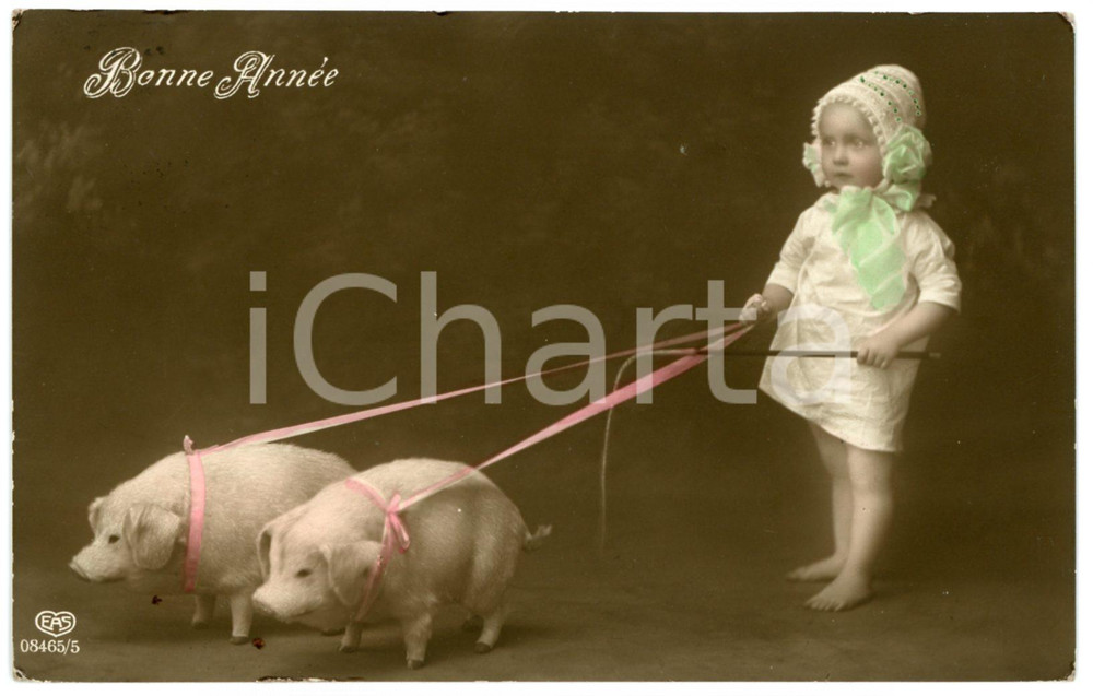 1913 BONNE ANNEE Child keeping pigs on a lead - Vintage chromo postcard  Cartolina postale d'epoca, viaggiata.CONDIZIONI: G (minime smussature agli angoli)FORMATO: FP    originale e autentica 1