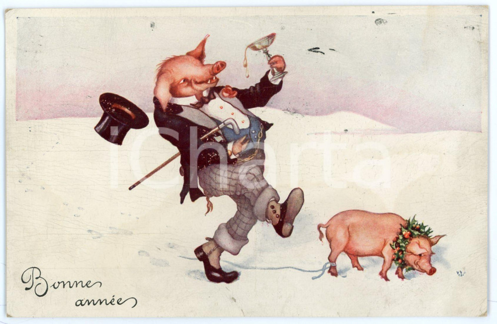 1914 BONNE ANNEE Drunk pig and little pig with holly crown - Vintage postcard  Cartolina postale d'epoca, viaggiata.CONDIZIONI: POOR (smussature agli angoli; leggere increspature superficiali)FORMATO: FP    originale e autentica 1